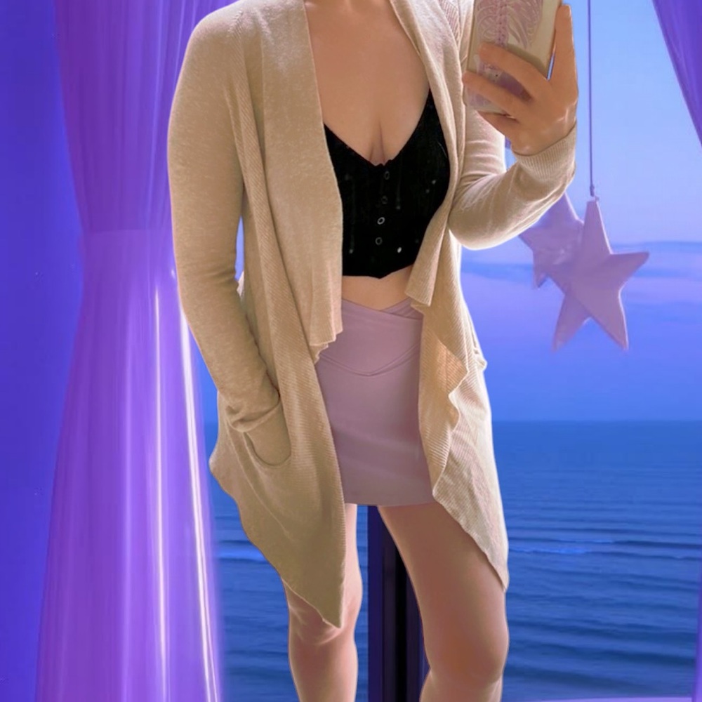 ana • Draped Open Beige Cardigan- With Pockets!